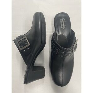 Clarks Bendable Black Mule Clog Heel Size 9 Buckle Detail